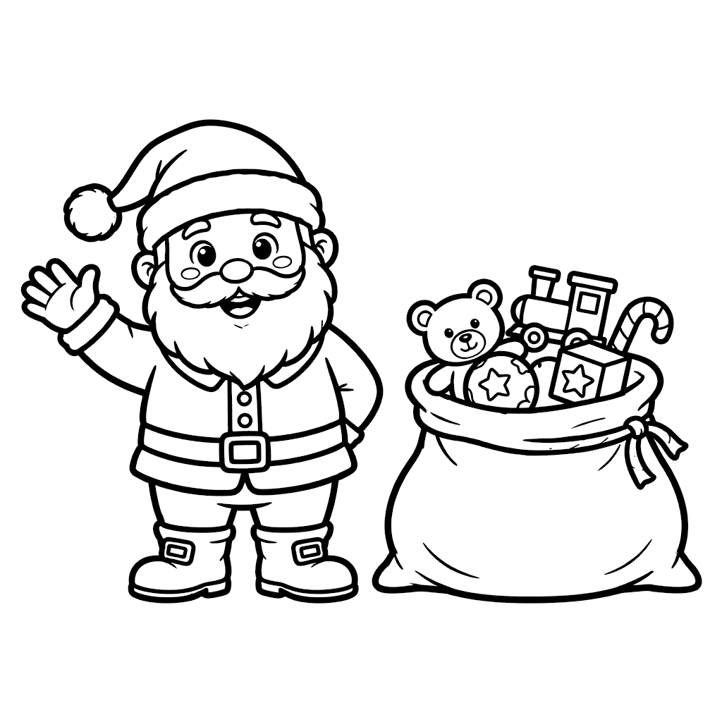Free Christmas coloring page for kids: Santa Claus waving with a sack of toys over his shoulder, ready to print and color