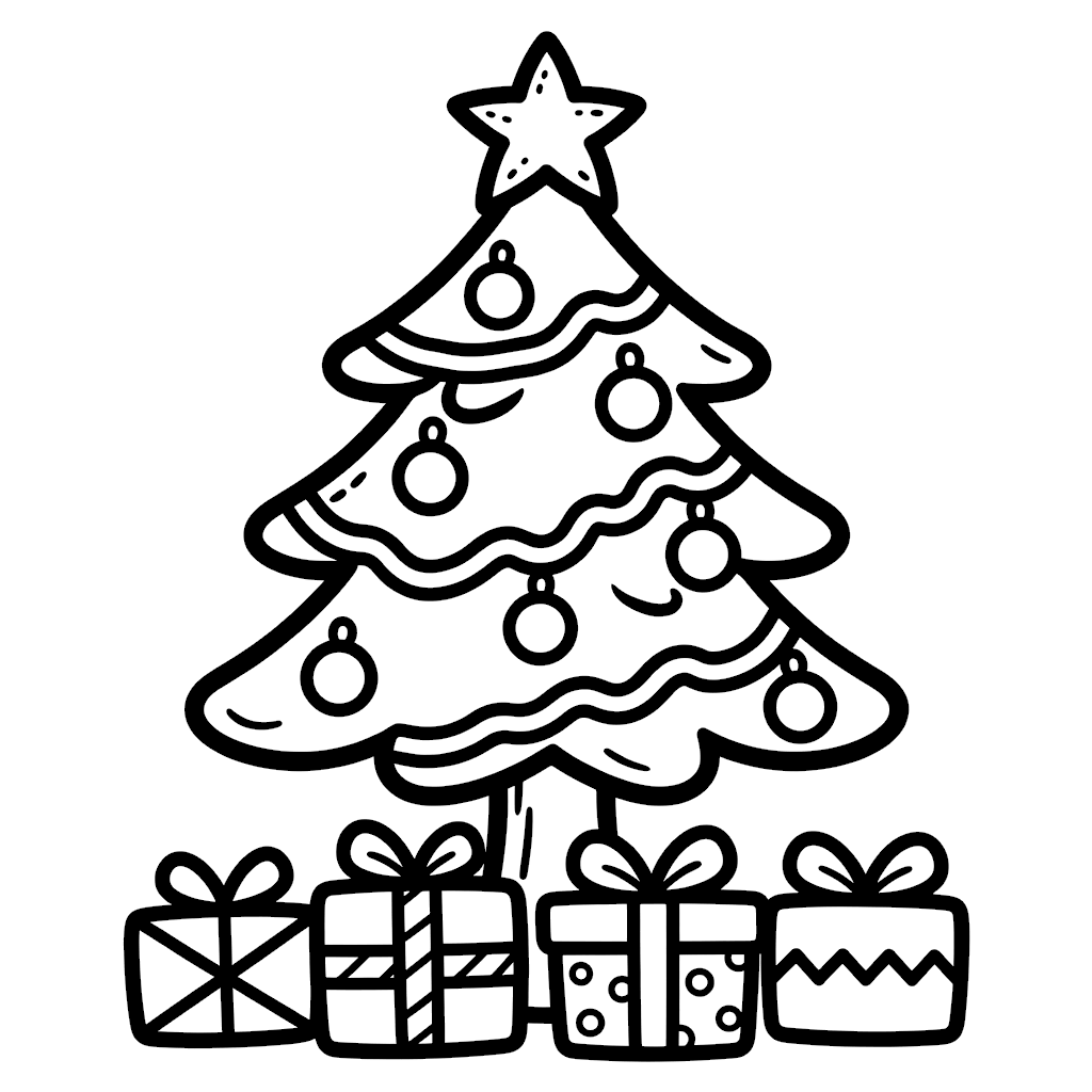 Free printable Christmas coloring page: a decorated Christmas tree with a star on top and presents underneath