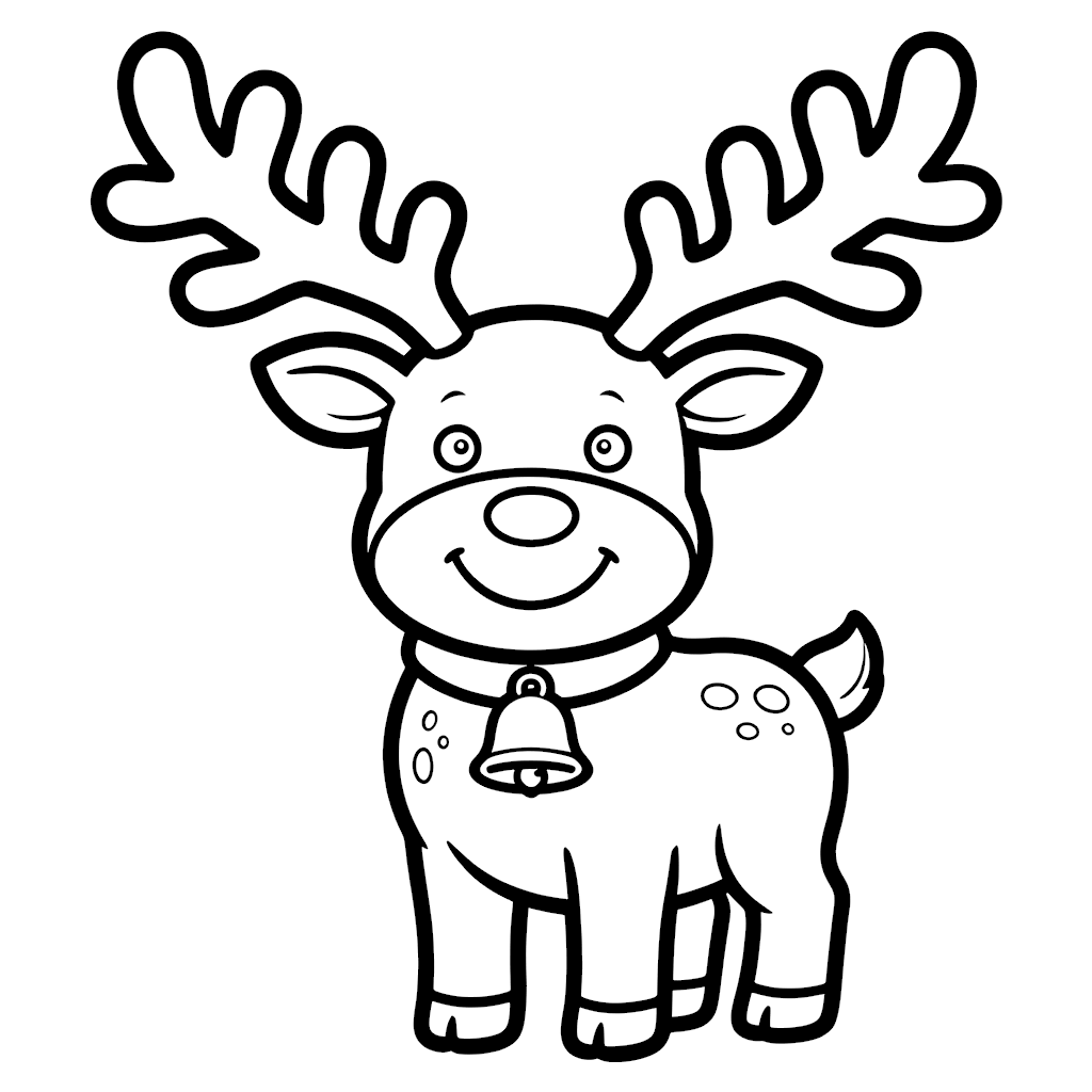 Free Christmas coloring page for kids: a friendly reindeer wearing a bell collar