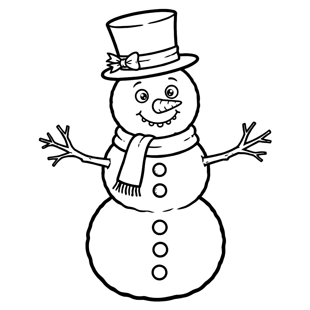 Free Christmas coloring page for kids: a smiling snowman with a carrot nose, scarf and top hat