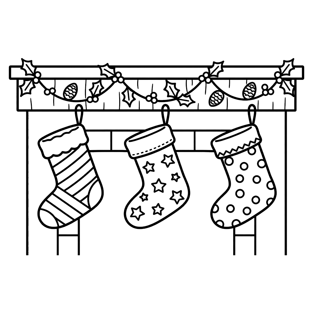 Free Christmas coloring page for kids: three Christmas stockings hanging on a mantel with garland