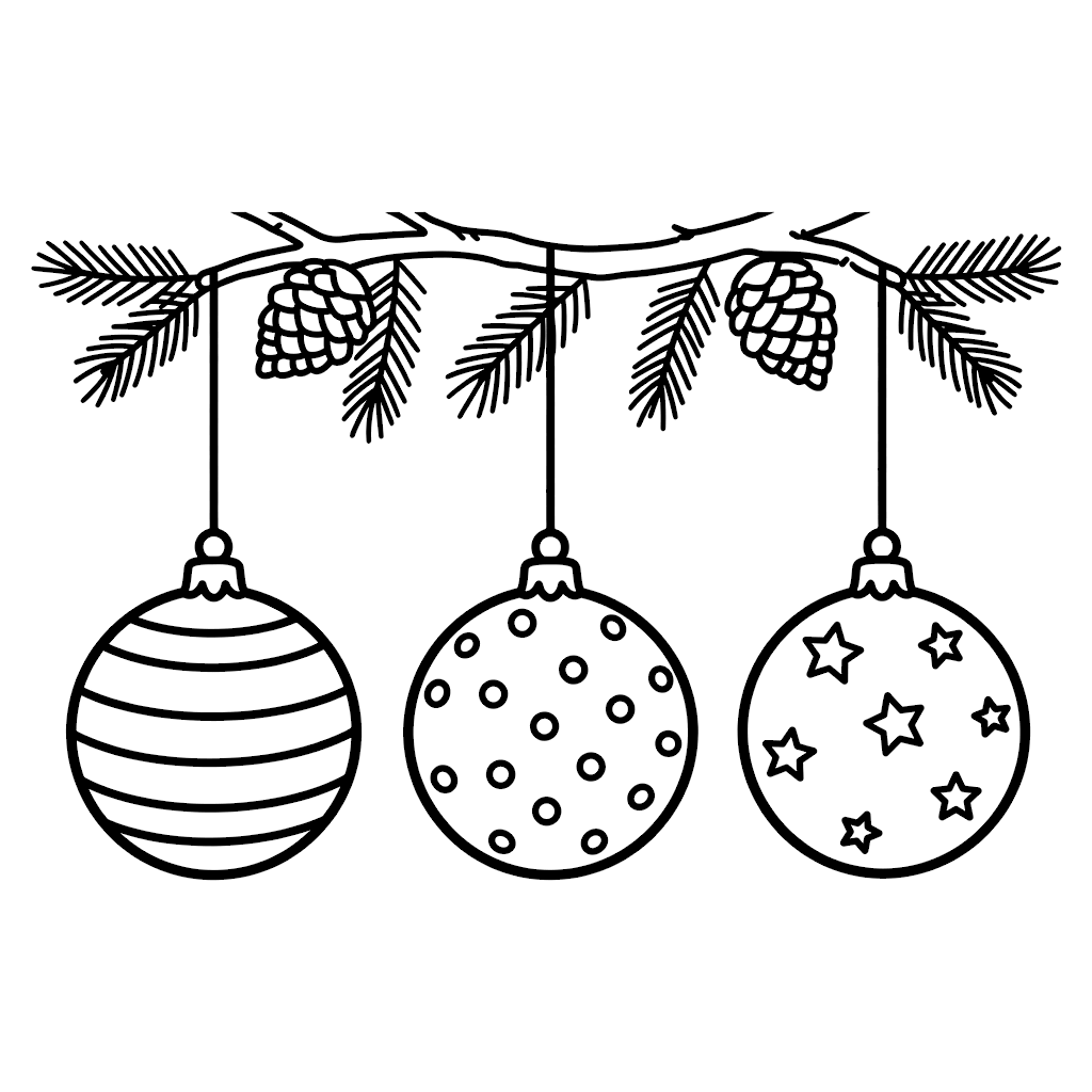 Free Christmas coloring page for kids: patterned ornament baubles hanging on a pine branch