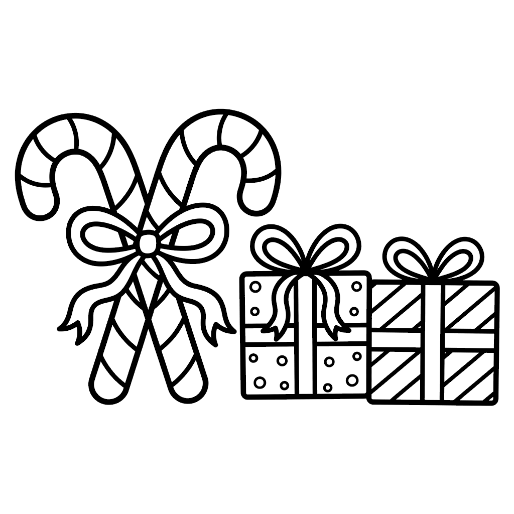 Free printable Christmas coloring page: candy canes tied with a bow next to gift boxes
