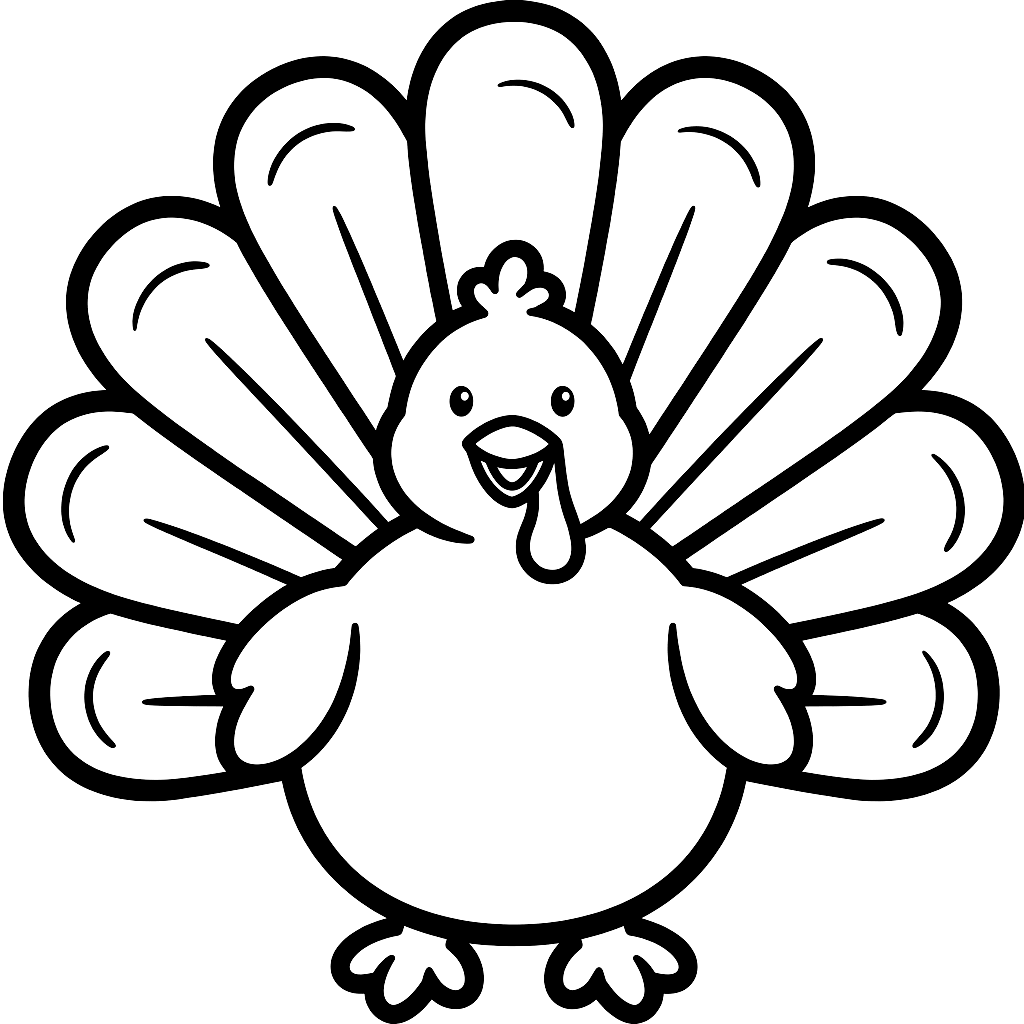 Free Thanksgiving coloring page for kids: a smiling baby turkey with a big fanned tail, ready to print and color