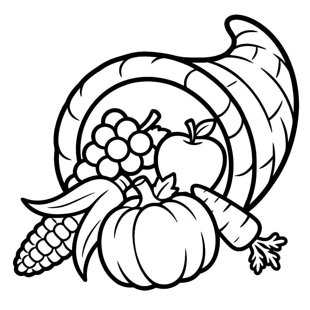 Free printable Thanksgiving coloring page: a cornucopia horn of plenty filled with a pumpkin, grapes, apple, corn and carrot