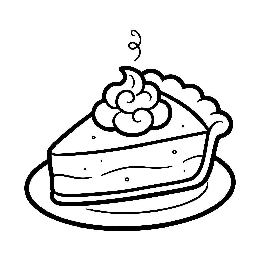 Free Thanksgiving coloring page for kids: a slice of pumpkin pie with whipped cream on a plate