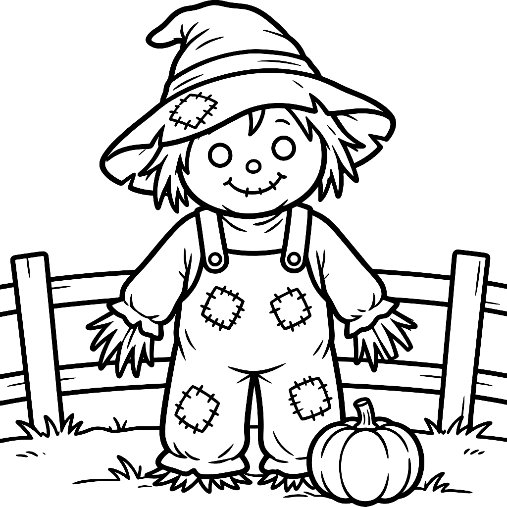 Free Thanksgiving coloring page for kids: a friendly scarecrow in patched overalls beside a fence and a pumpkin