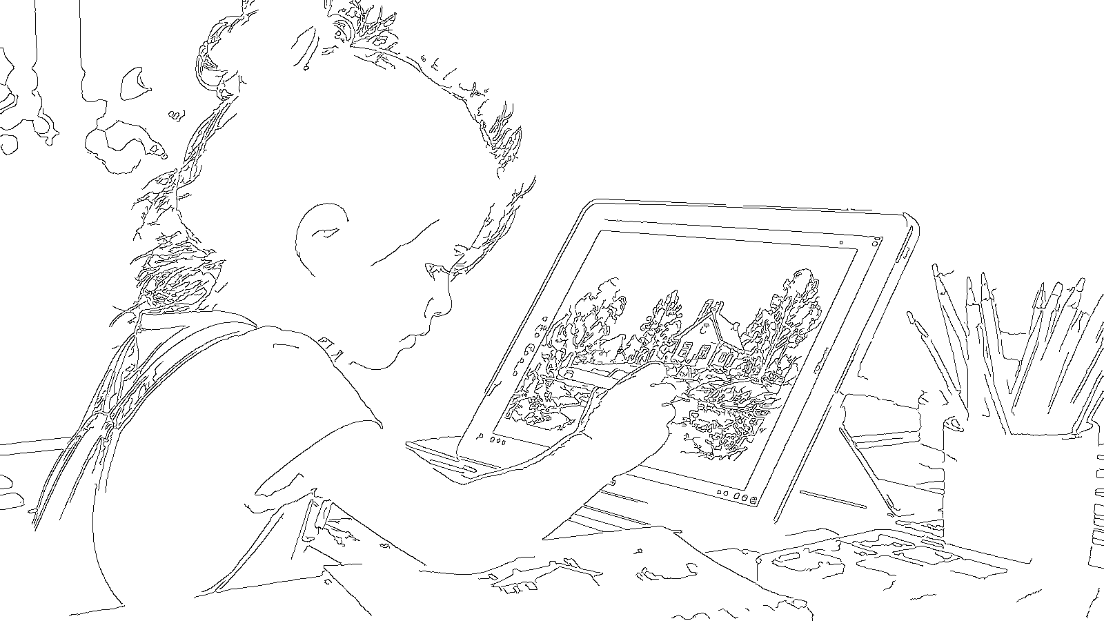 Coloring page converted from the photo of a girl drawing