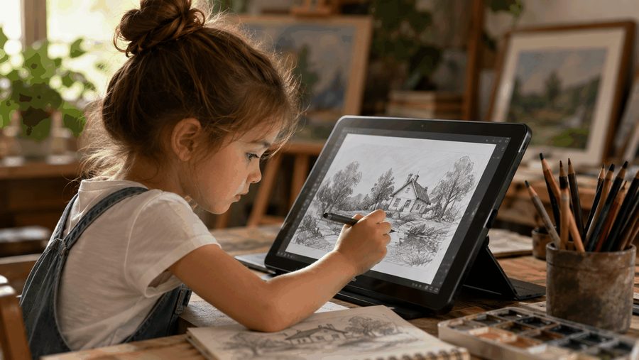 Original photo of a young girl drawing on a tablet